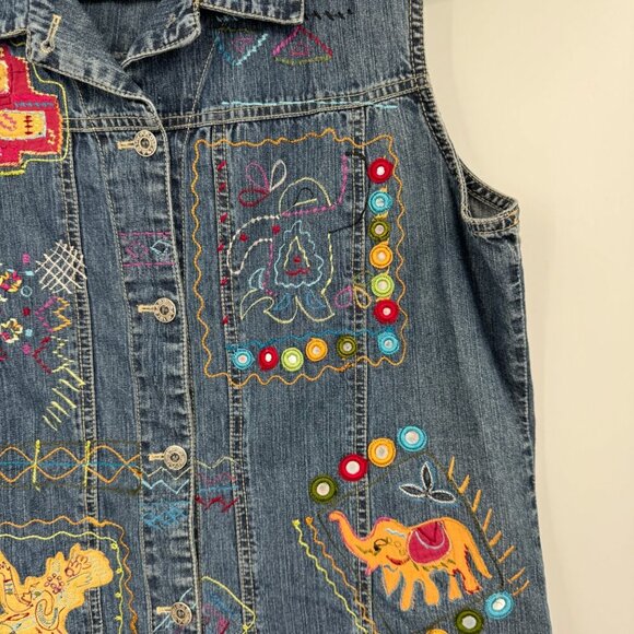 Chicos Womens Denim Vest Art to wear Button Front Boho 2 Large Blue Embroidered - Picture 5 of 15